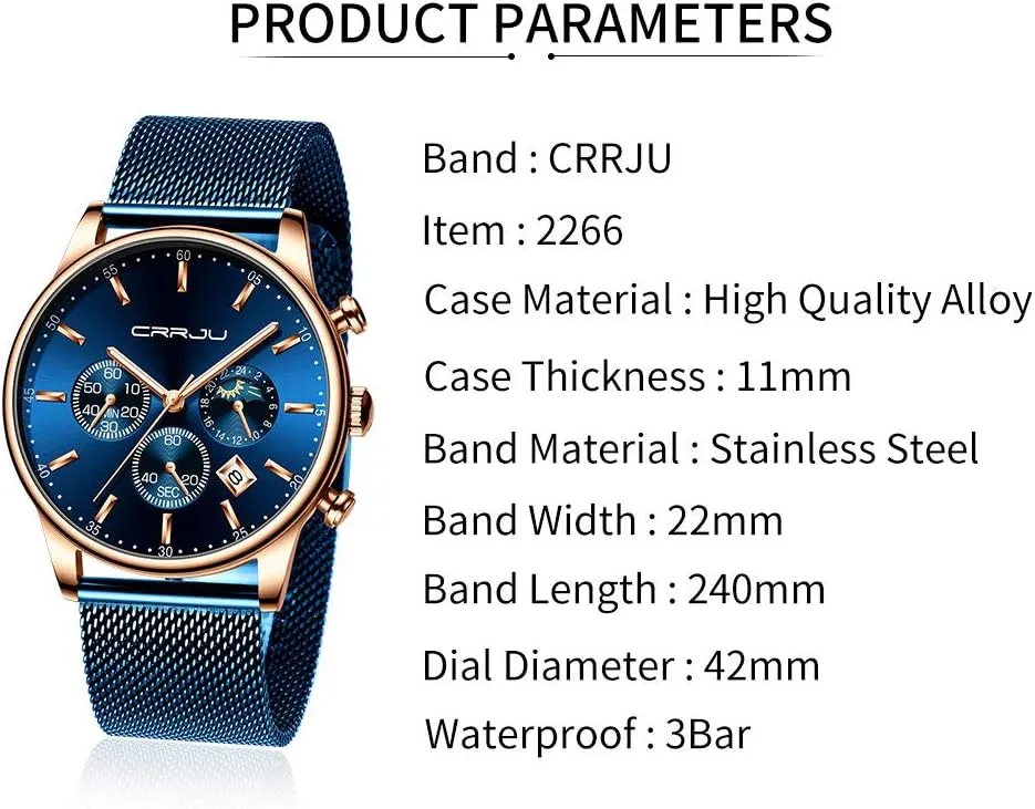 with Mesh Strap CRRJU Men's Fashion Casual Watches Auto Date Chronograph Watch Men Nice geographic understandable fodder Work Watches Waterproof 30M Full Steel Quartz 
