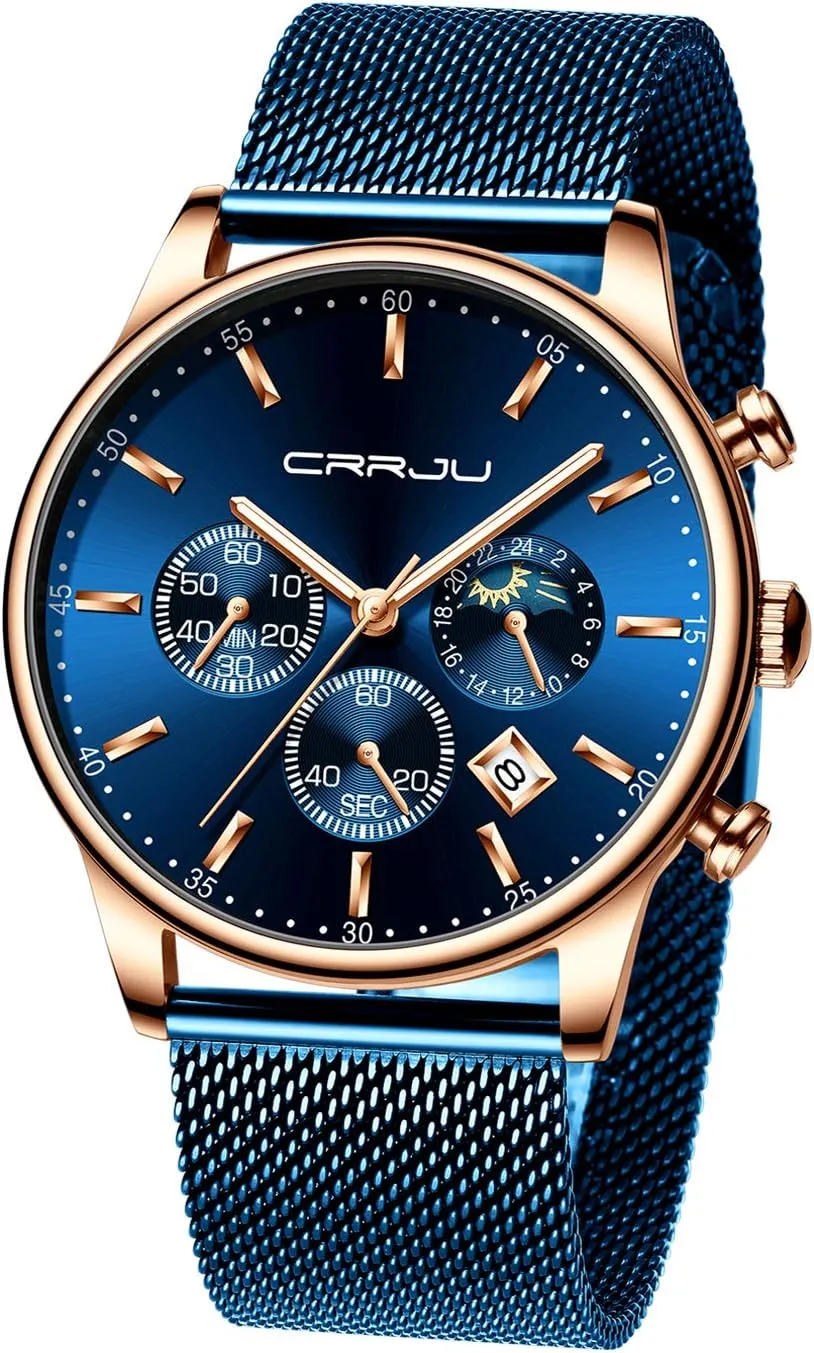 with Mesh Strap CRRJU Men's Fashion Casual Watches Auto Date Chronograph Watch Men Nice geographic understandable fodder Work Watches Waterproof 30M Full Steel Quartz 
