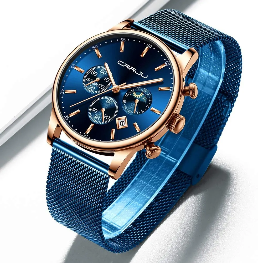 with Mesh Strap CRRJU Men's Fashion Casual Watches Auto Date Chronograph Watch Men Nice geographic understandable fodder Work Watches Waterproof 30M Full Steel Quartz 