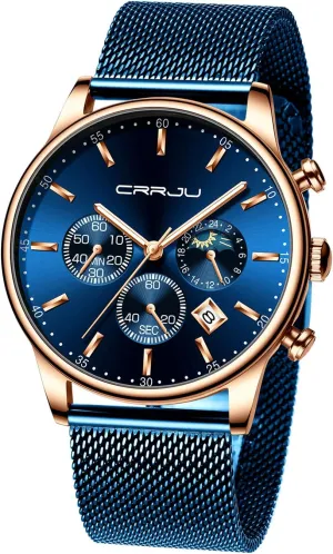 with Mesh Strap CRRJU Men's Fashion Casual Watches Auto Date Chronograph Watch Men Nice geographic understandable fodder Work Watches Waterproof 30M Full Steel Quartz 
