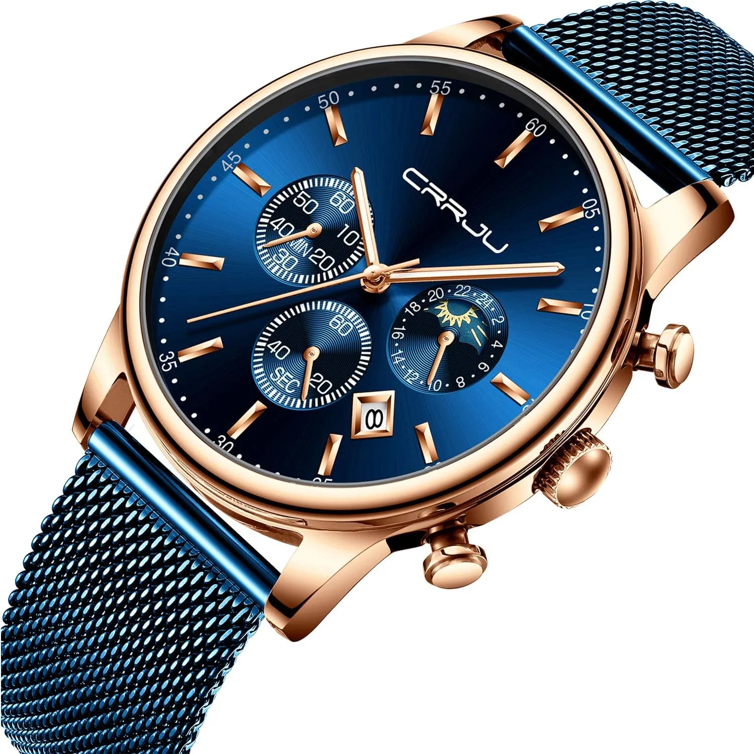 with Mesh Strap CRRJU Men's Fashion Casual Watches Auto Date Chronograph Watch Men Nice geographic understandable fodder Work Watches Waterproof 30M Full Steel Quartz 