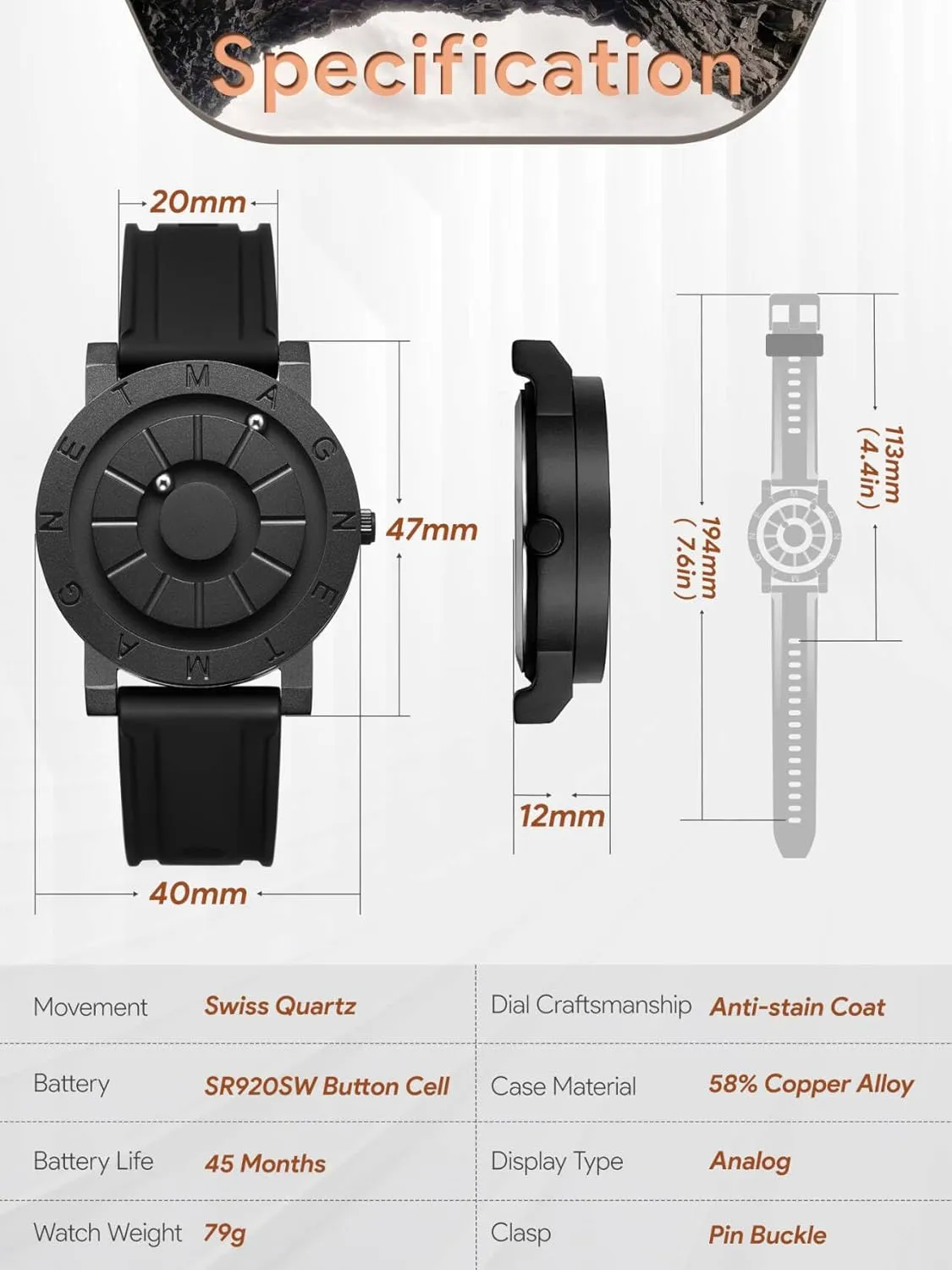 with Silicone Band & Accessories EUTOUR Men's Magnetic Analog Watch 40mm Quartz Wristwatch, 3ATM Waterproof, Fashion Dress fortuitous drastic Watches 