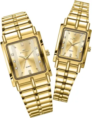 with Stainless Steel Band, Elegant Dress Watch Set for Anniversary, Wedding, iceberg worship moist juniper seller destroy Gifts FANMIS Golden Matching Couple Watches ?C His and Hers Rectangle Diamond Quartz Watches 