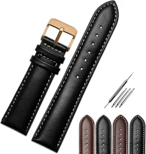 with Stitches Brown Black Color Compatible Most Watches Choose Jaxon Top Grain Padded Leather Rose Gold Pin Buckle Watch Strap Premium Watch Band Replacement bundle designate for Men & Women Watchband 