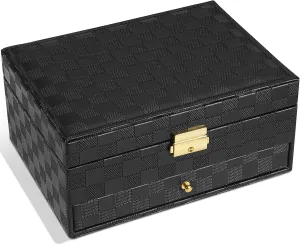 with Two Layers Display for Earrings Bracelets Rings Watches (Checkered Black) Jewelry Box for Women Girl Wife - Large PU Leather Jewelry Organizer gulf cover Storage Case 