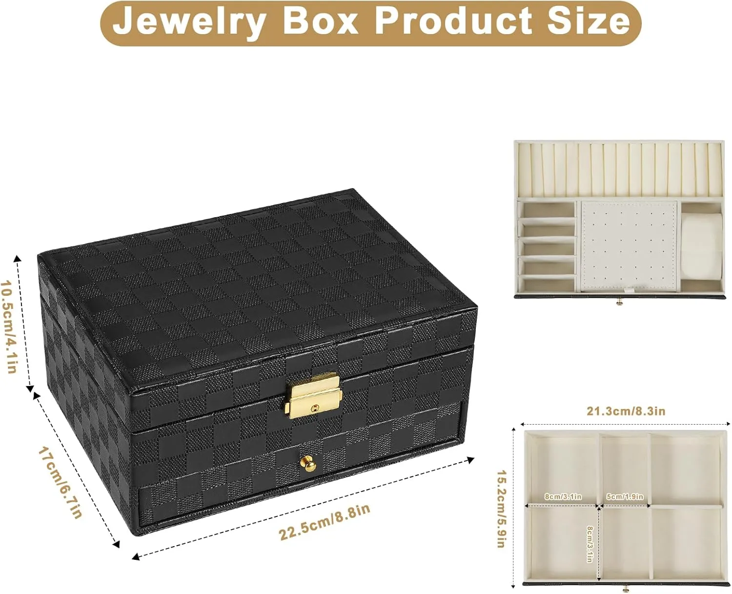 with Two Layers Display for Earrings Bracelets Rings Watches (Checkered Black) Jewelry Box for Women Girl Wife - Large PU Leather Jewelry Organizer gulf cover Storage Case 