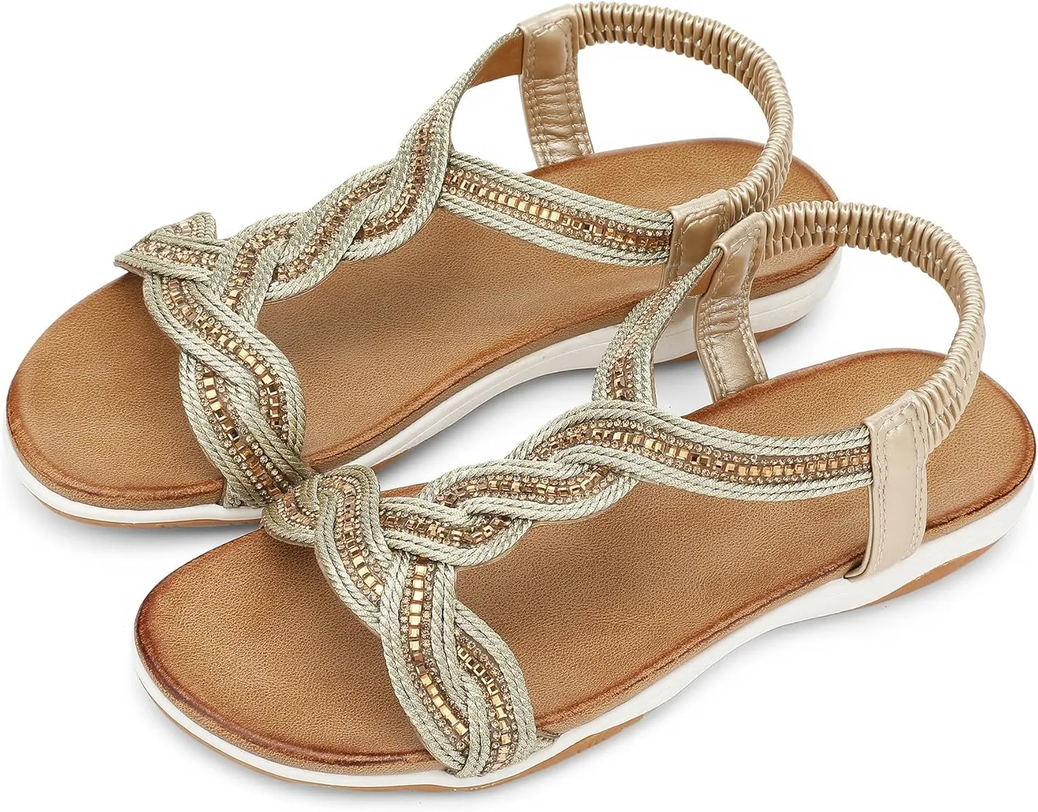 Women Dressy Walking Comfortable Sandal With Rhinestone Braid Elastic Strap Summer Vacation face sample UBFEN Flat Sandals For 