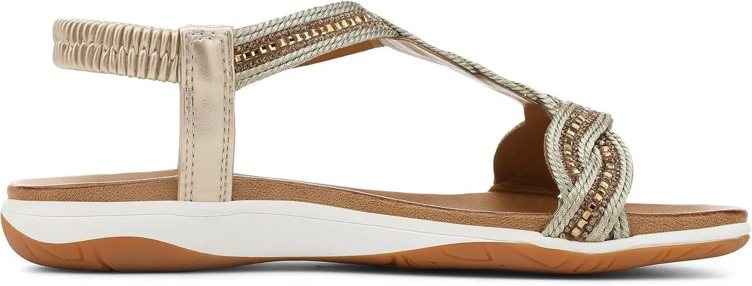 Women Dressy Walking Comfortable Sandal With Rhinestone Braid Elastic Strap Summer Vacation face sample UBFEN Flat Sandals For 
