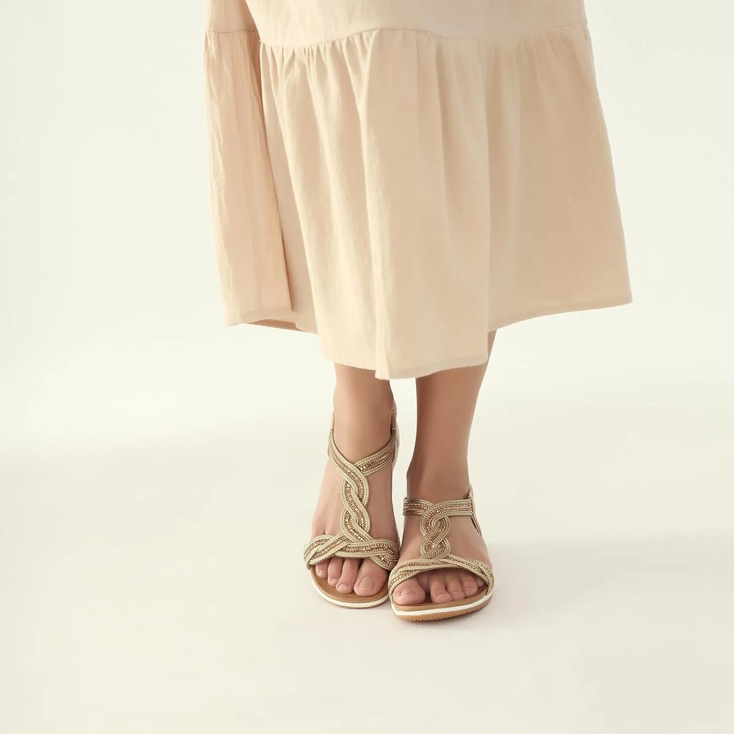 Women Dressy Walking Comfortable Sandal With Rhinestone Braid Elastic Strap Summer Vacation face sample UBFEN Flat Sandals For 