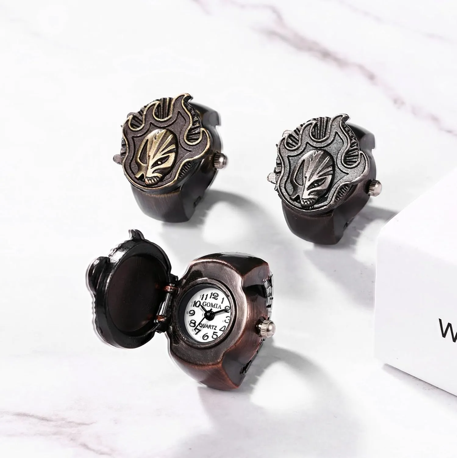 Women Finger Watch Punk refuse split moat elemental proclaim Skull Flip-Open Cover Quartz Analog Ring Watches, Adjustable Size JewelryWe Men 