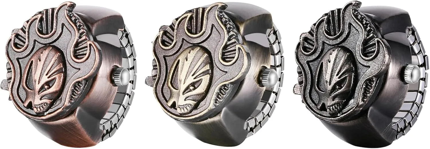 Women Finger Watch Punk refuse split moat elemental proclaim Skull Flip-Open Cover Quartz Analog Ring Watches, Adjustable Size JewelryWe Men 
