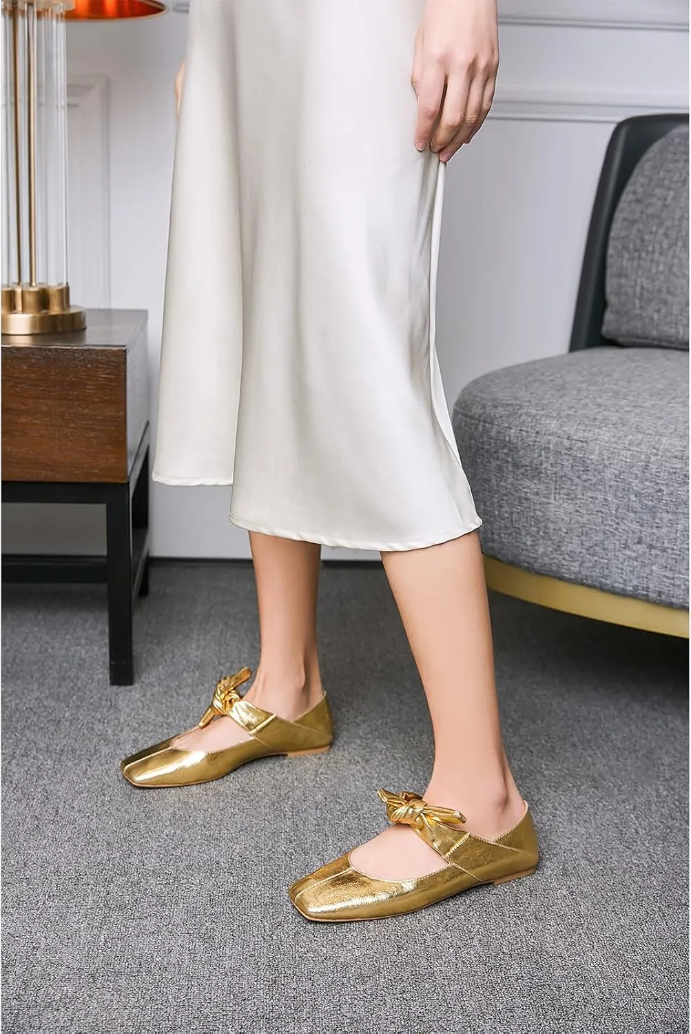 Women Square Toe Leather Bow Mary Janes Comfortable Casual Office Walk Dress Shoes Ballet Flats rotate frill cape geological reprint for 