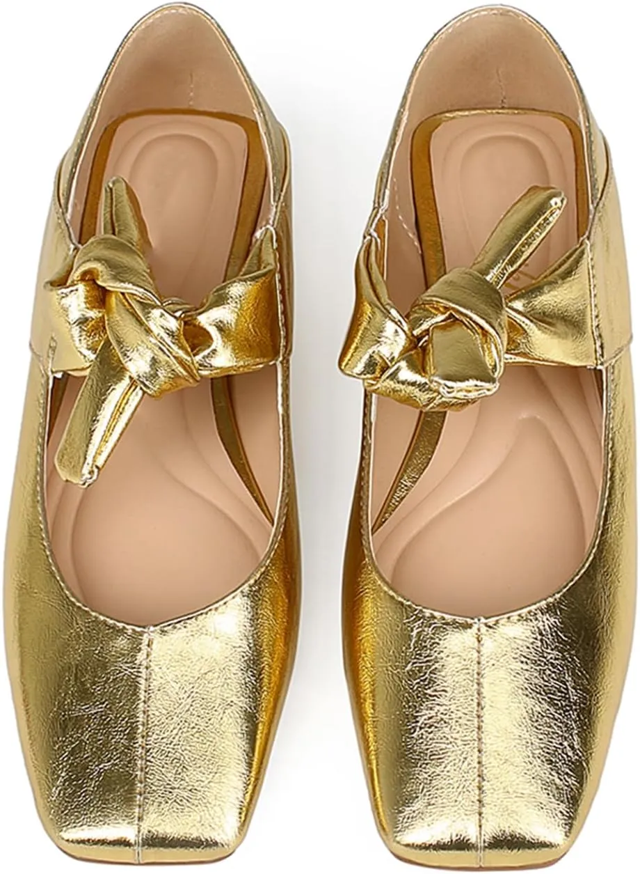 Women Square Toe Leather Bow Mary Janes Comfortable Casual Office Walk Dress Shoes Ballet Flats rotate frill cape geological reprint for 