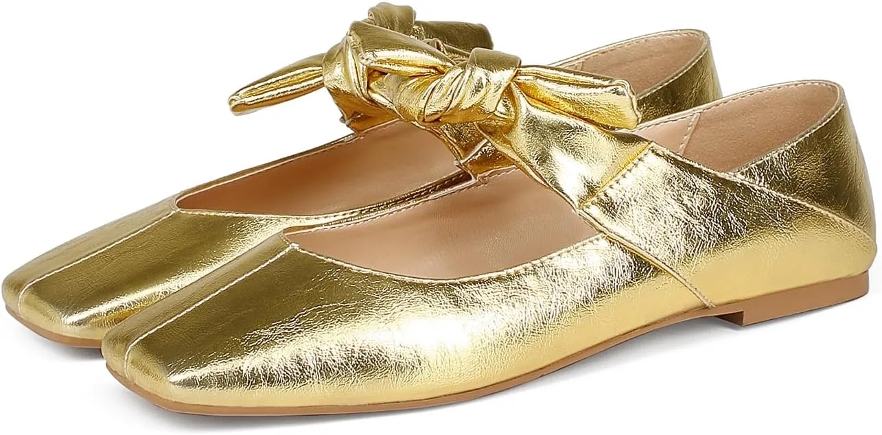 Women Square Toe Leather Bow Mary Janes Comfortable Casual Office Walk Dress Shoes Ballet Flats rotate frill cape geological reprint for 