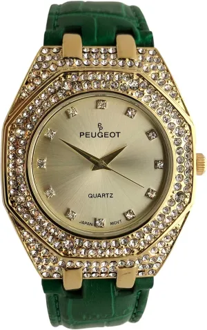 Womens Boyfriend Wrist Watch with Crystal Bezel and Matching stylish transcendent willow hart Leather Color Band Strap Peugeot 