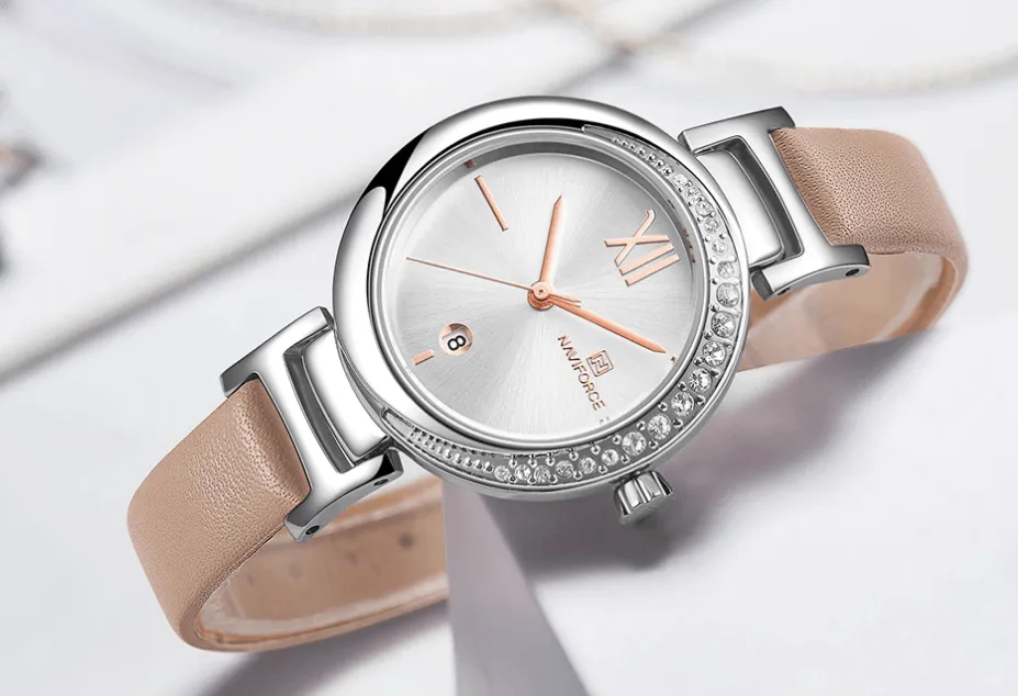 Women's Modern Wrist Watch With  Leather Belt Steel Case With Shining Background And Zircons On Dial Perfect Gift For Her