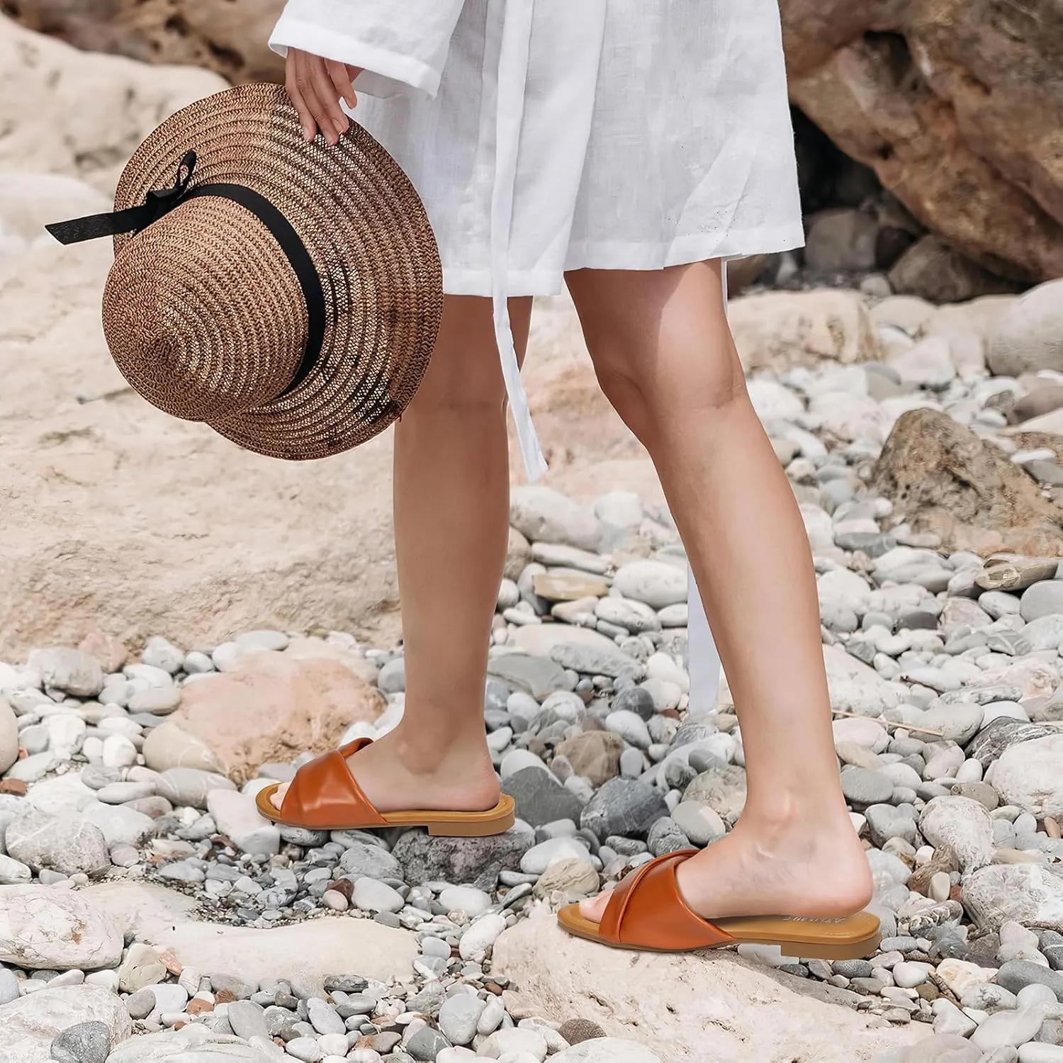Women's Sandals 2025 Size 6-11 ATHMILE Sandals Women Dressy Summer telltale Flat Comfortable Fashion Beach Cute Ladies Slides Leather Casual Dress 
