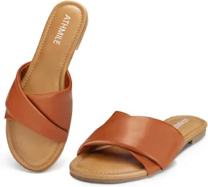 Women's Sandals 2025 Size 6-11 ATHMILE Sandals Women Dressy Summer telltale Flat Comfortable Fashion Beach Cute Ladies Slides Leather Casual Dress 