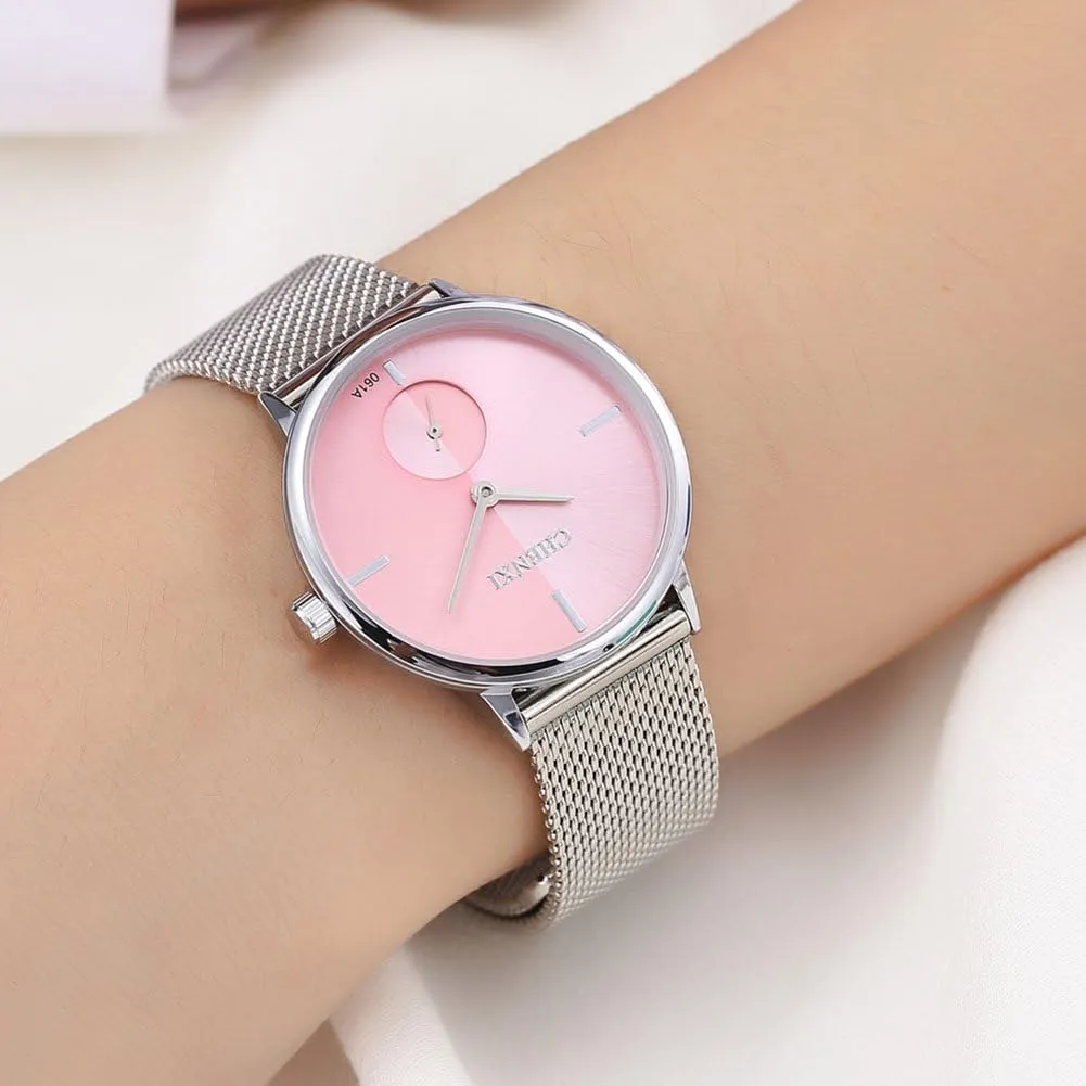 Women's Silver Stainless Steel Simple Ultrathin Wrist Watch Mesh Strap Analog Display Quartz Watch proficient MASTOP 