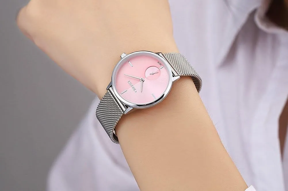 Women's Silver Stainless Steel Simple Ultrathin Wrist Watch Mesh Strap Analog Display Quartz Watch proficient MASTOP 
