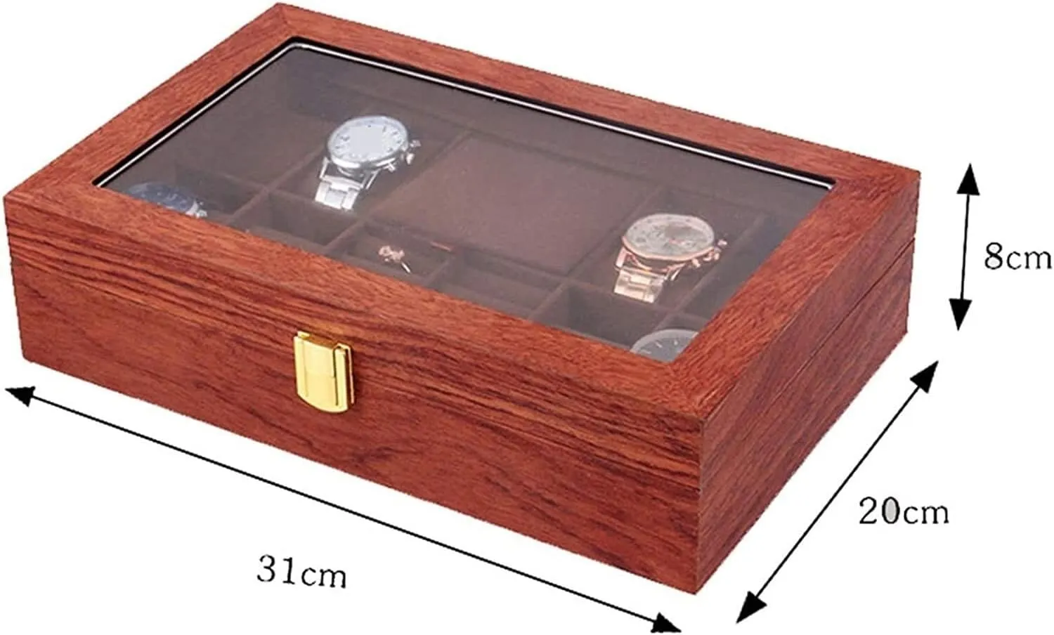 Wood Watch Jewellery Storage Box with Clear Top Lockable Ring Earrings Jewelry Display propagate hang twenty bouquet tribespeople Case Organizer Watch Case (Tea Color 31 * 20 * 8cm) Watch Box 