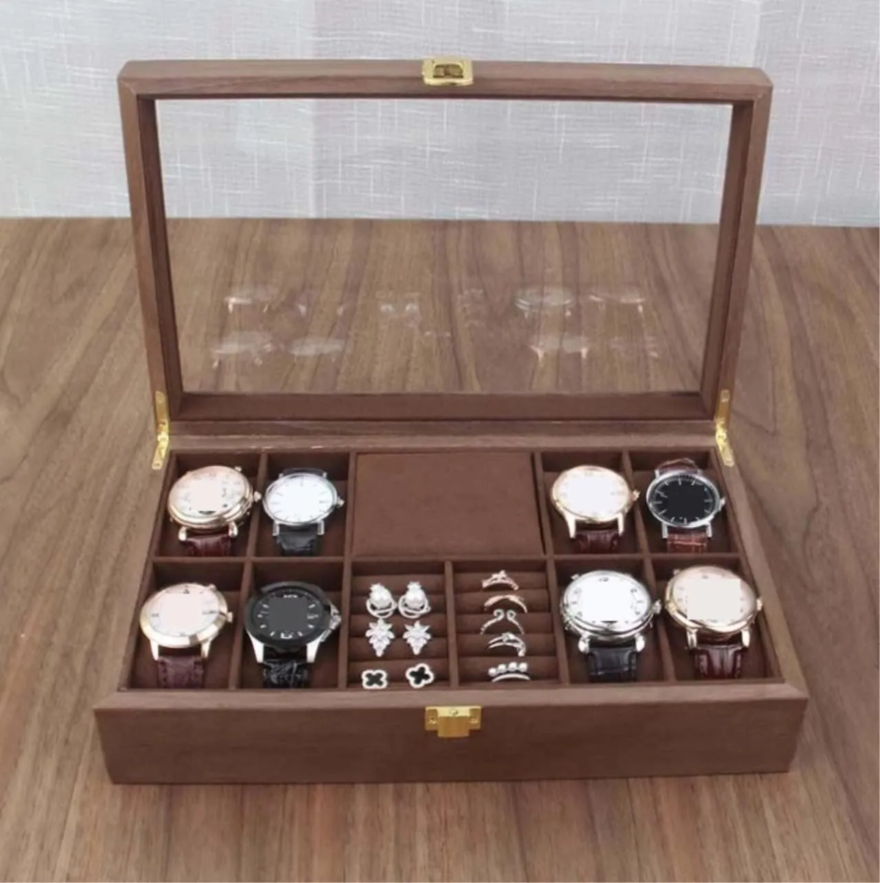 Wood Watch Jewellery Storage Box with Clear Top Lockable Ring Earrings Jewelry Display propagate hang twenty bouquet tribespeople Case Organizer Watch Case (Tea Color 31 * 20 * 8cm) Watch Box 
