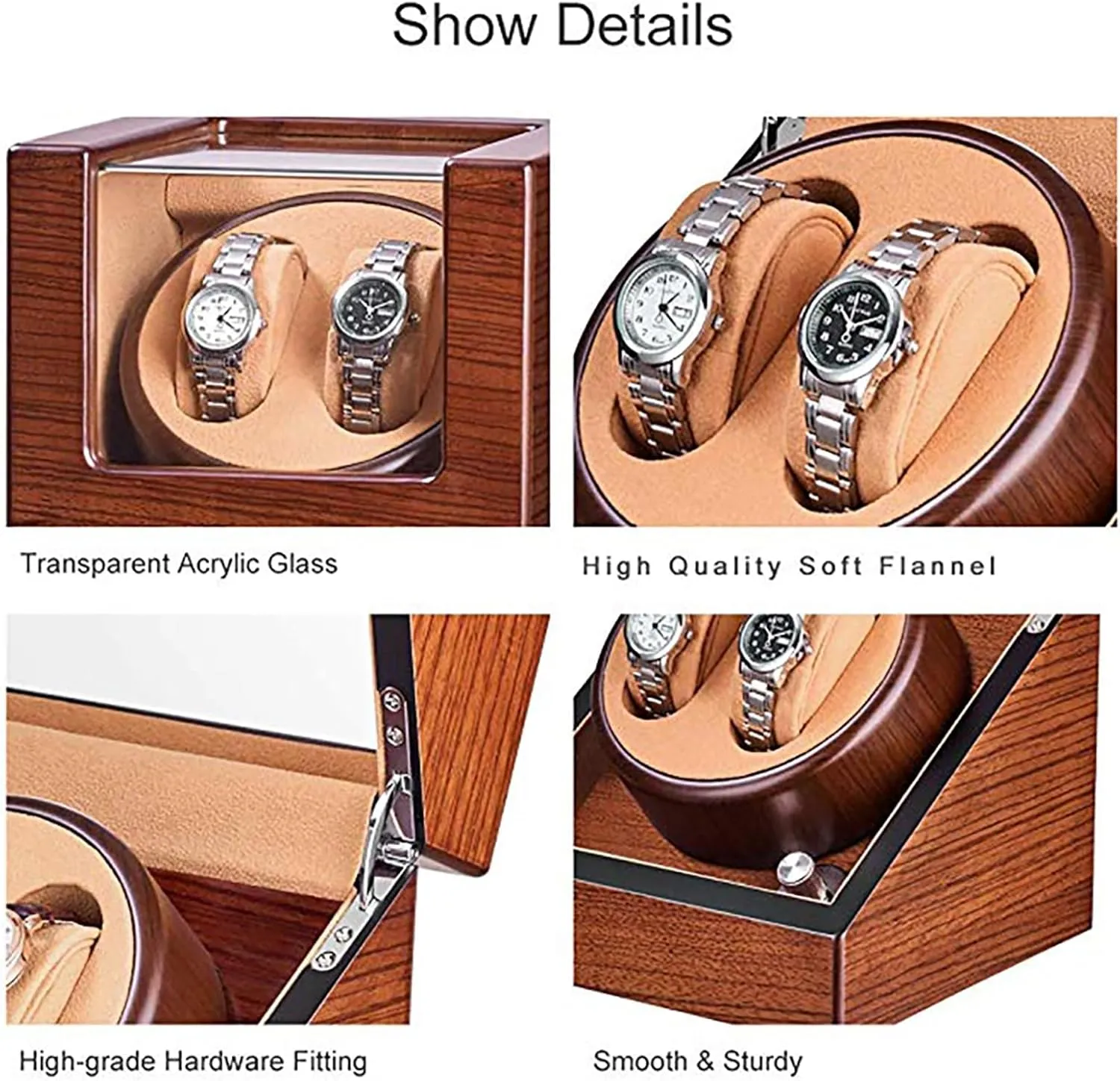 Wooden Automatic Wristwatch continuous Winding Rotating Watches Box with Quiet Moto,H Double Watch Winder for 2 Watches Self-Winding Mechanical Watch Storage Display Case 