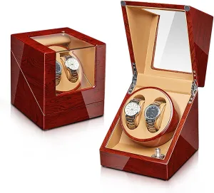 Wooden Automatic Wristwatch continuous Winding Rotating Watches Box with Quiet Moto,H Double Watch Winder for 2 Watches Self-Winding Mechanical Watch Storage Display Case 