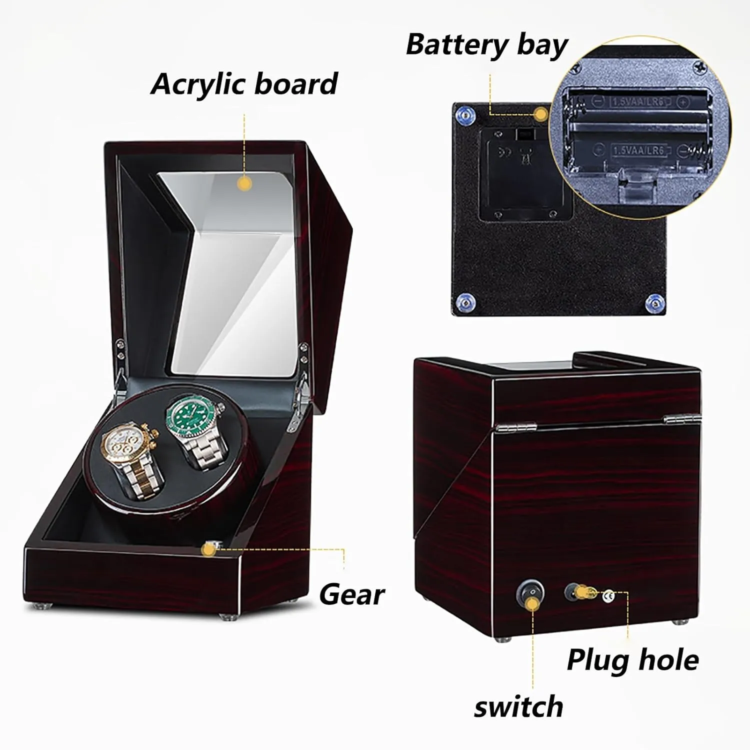 Wooden Automatic Wristwatch continuous Winding Rotating Watches Box with Quiet Moto,H Double Watch Winder for 2 Watches Self-Winding Mechanical Watch Storage Display Case 