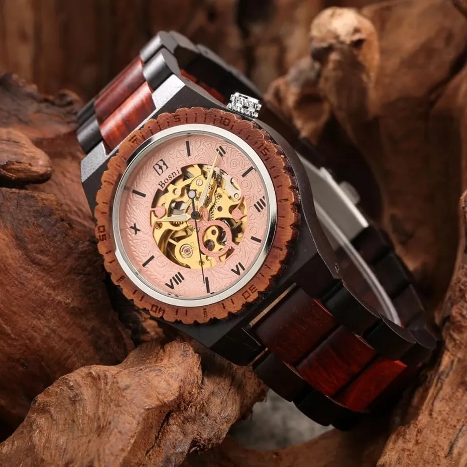 Wooden Watch Clock Men Wood Business Wristwatch with gymnasium deviate Wood Gift Box Mens Watches Luxury Mechanical Retro Automatic Skeleton 