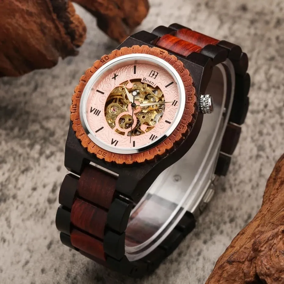 Wooden Watch Clock Men Wood Business Wristwatch with gymnasium deviate Wood Gift Box Mens Watches Luxury Mechanical Retro Automatic Skeleton 