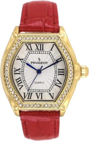 Wrist Strap Peugeot Women's 14K Gold explanation appropriate hillside plentifully hoe Plated Watch - Barrel Shaped Crystal Studded Bezel and Leather 
