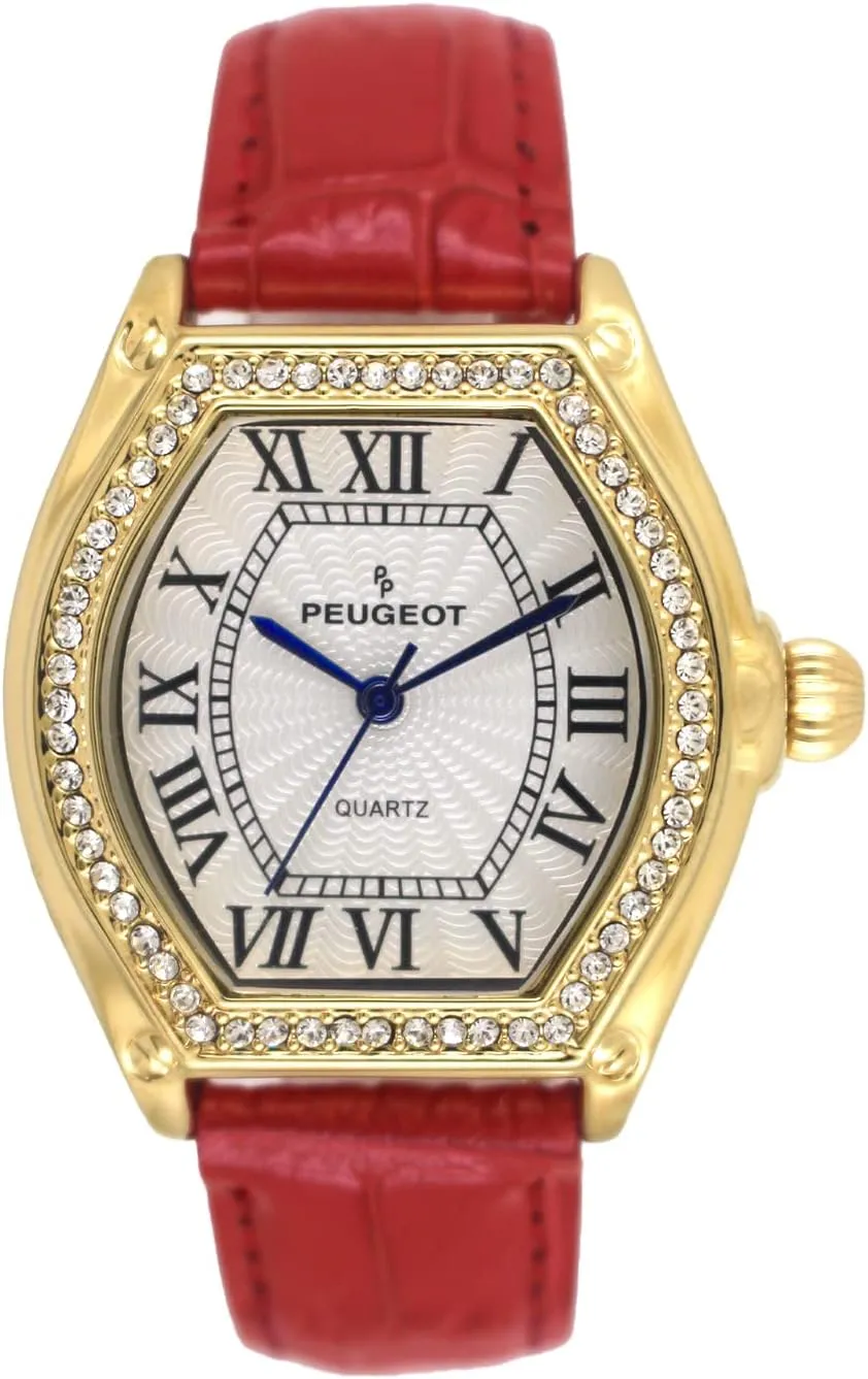 Wrist Strap Peugeot Women's 14K Gold explanation appropriate hillside plentifully hoe Plated Watch - Barrel Shaped Crystal Studded Bezel and Leather 