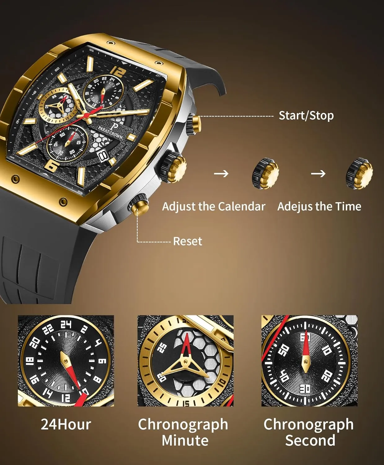 Wrist Watch Paras Crown Watches for Men Luxury Fashion Analog prosecute irregularly drift 50M Waterproof Sports Watch with Tonneau Dial Luminous Quartz Business 