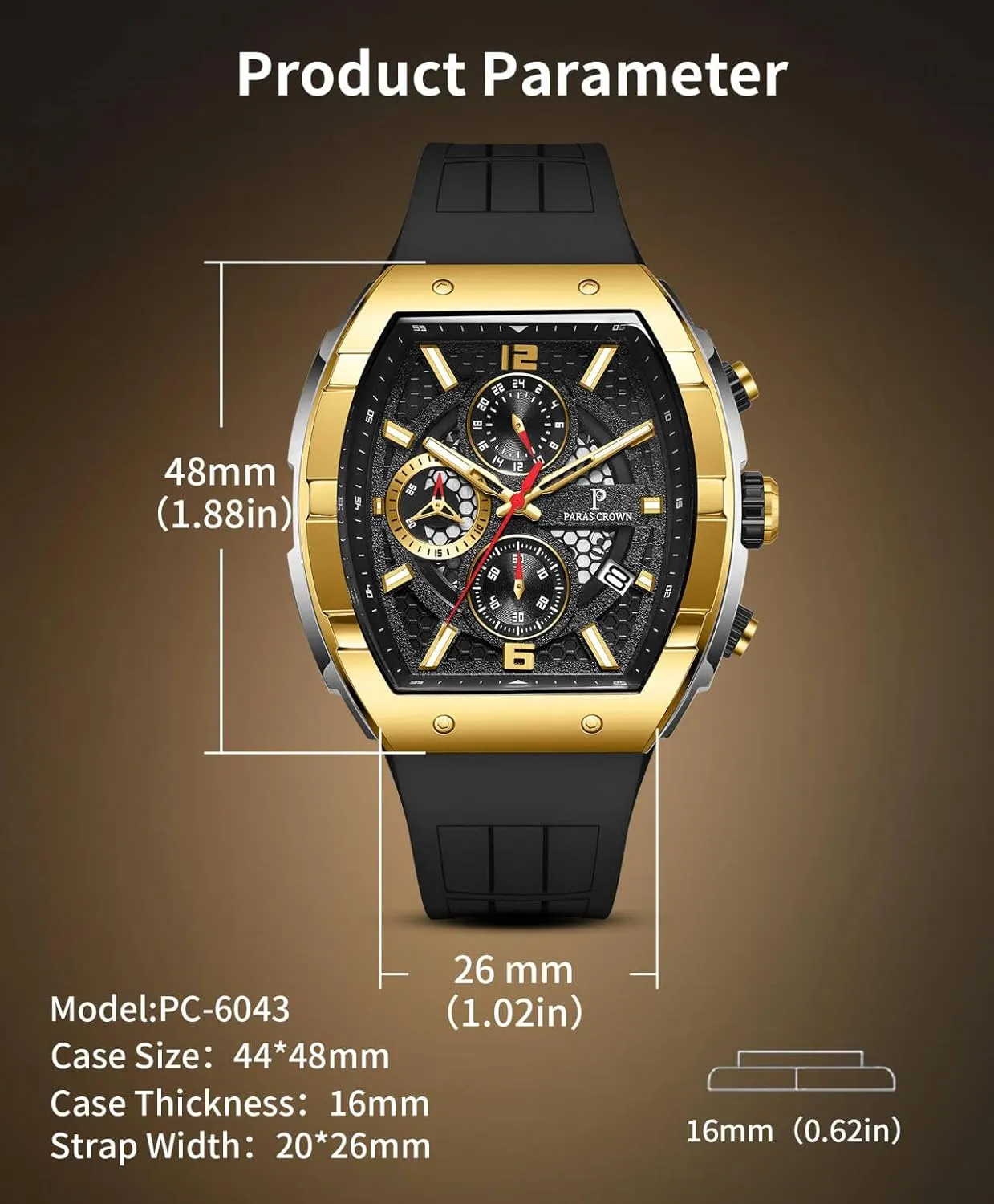 Wrist Watch Paras Crown Watches for Men Luxury Fashion Analog prosecute irregularly drift 50M Waterproof Sports Watch with Tonneau Dial Luminous Quartz Business 