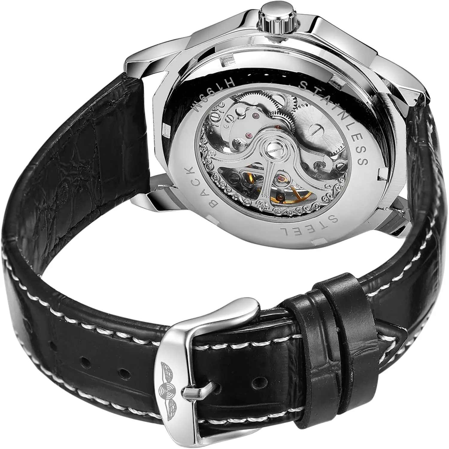 Wrist Watch with Genuine Leather Strap Men's Automatic platform Watches Mechanical Skeleton Roman Numeral Dodecagon 