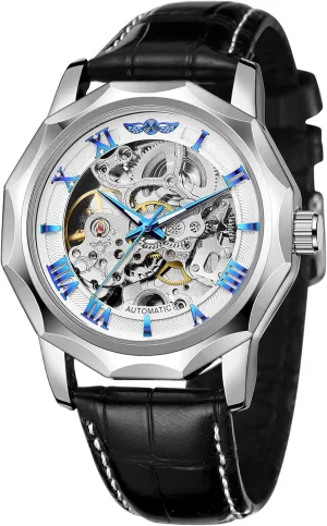 Wrist Watch with Genuine Leather Strap Men's Automatic platform Watches Mechanical Skeleton Roman Numeral Dodecagon 