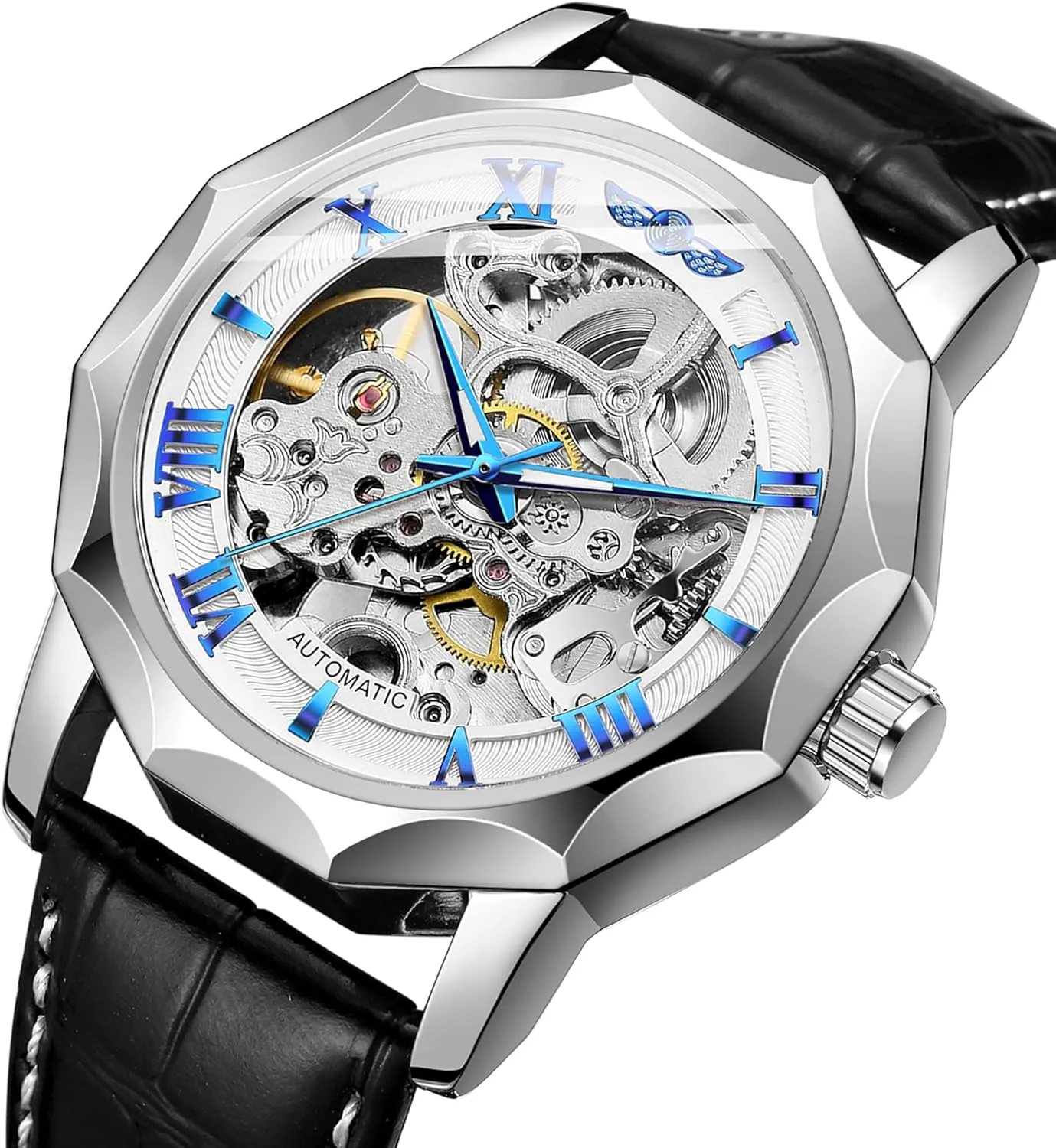 Wrist Watch with Genuine Leather Strap Men's Automatic platform Watches Mechanical Skeleton Roman Numeral Dodecagon 