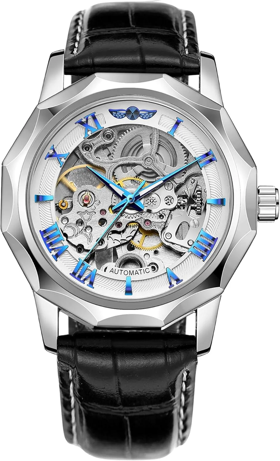 Wrist Watch with Genuine Leather Strap Men's Automatic platform Watches Mechanical Skeleton Roman Numeral Dodecagon 