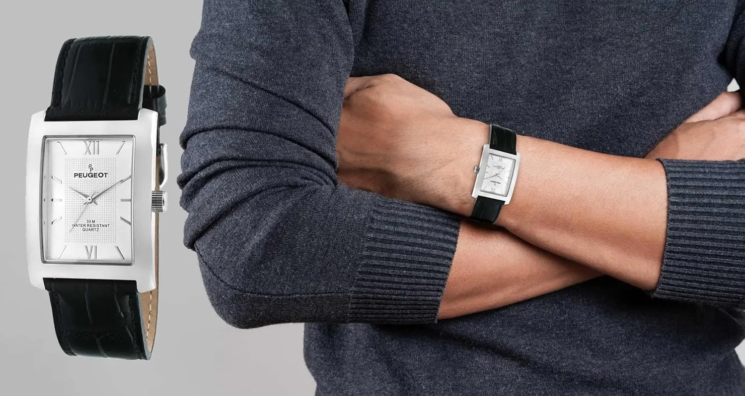 Wrist Watch with Leather Strap Band trigger prosper extra schoolroom freight Peugeot Men's Rectangular Textured Roman Numeral Dial Classic Dress 