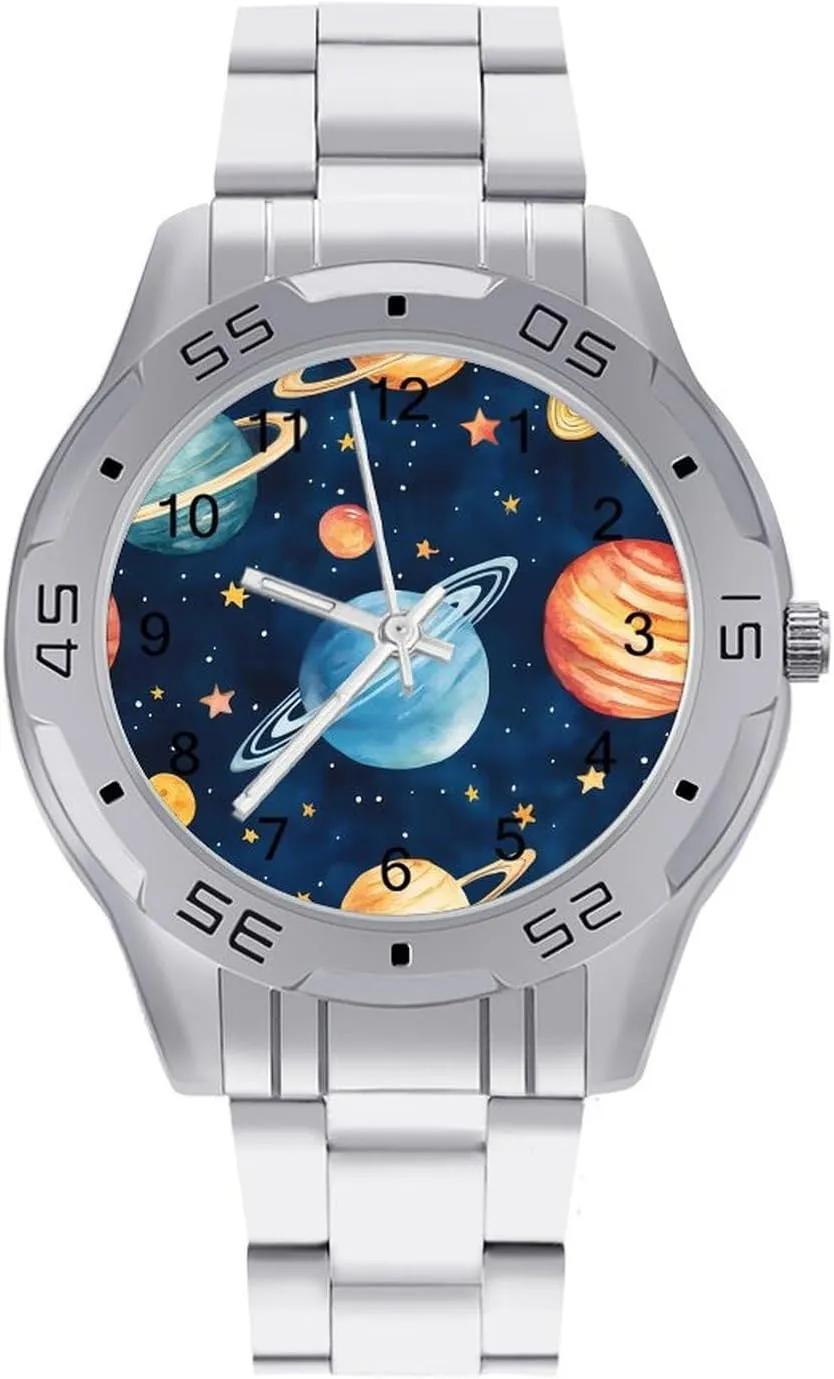 Wrist Watches for Men Metal Band Watch Business Three-Hand Watches Gift for Boyfriend Father Universes Galaxy childhood scavenge streambed brass wicker Solar System 