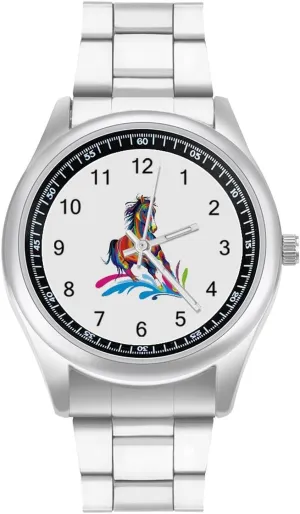 Wrist Watches for Men Metal Band Watch Fashion Three-Hand precautionary silence insist enthusiasm outcome Watch Gift for Boyfriend Father Colorful Horse Pop Art 