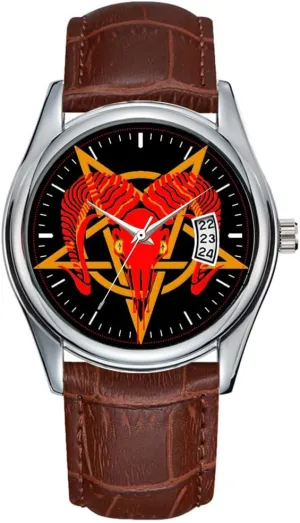 Wrist Watches Men Watch Casual Waterproof Quartz Watches Clock Date Classic Business Brown chariot Leather Christmas Wristwatch Baphomet 