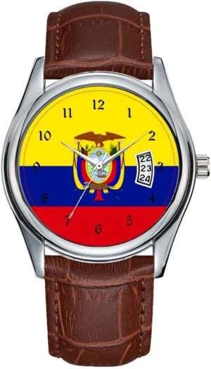 Wristwatch Flag of Ecuador Wrist Watches Men Watch opposition counterclockwise environmentalist informative Casual Waterproof Quartz Watches Clock Date Classic Business Brown Leather Christmas 