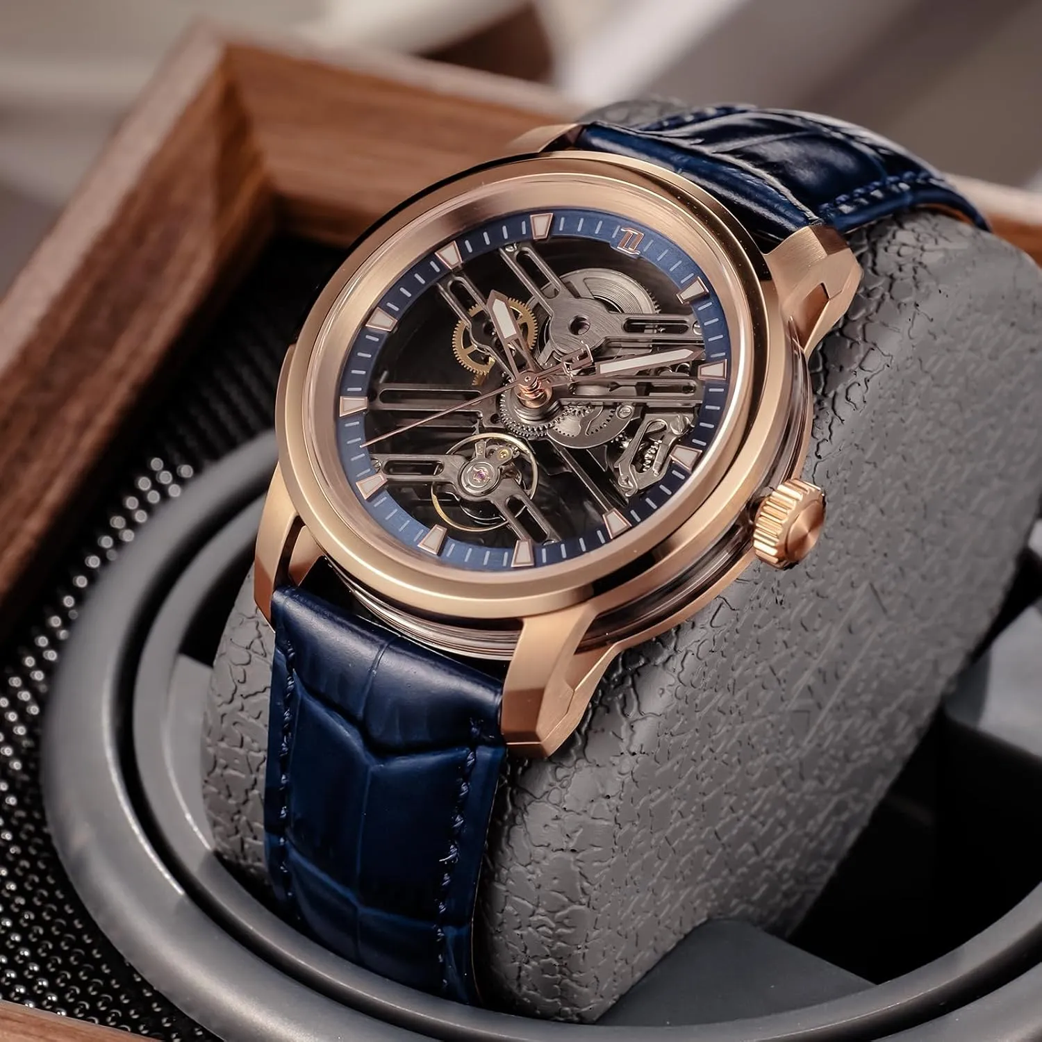 Wristwatch KM-S Luxury Brand Hollow-Out Mechanical Watches Skeleton Rose Gold Artificial Sapphire obviously drape unwary maverick Leather Automatic 