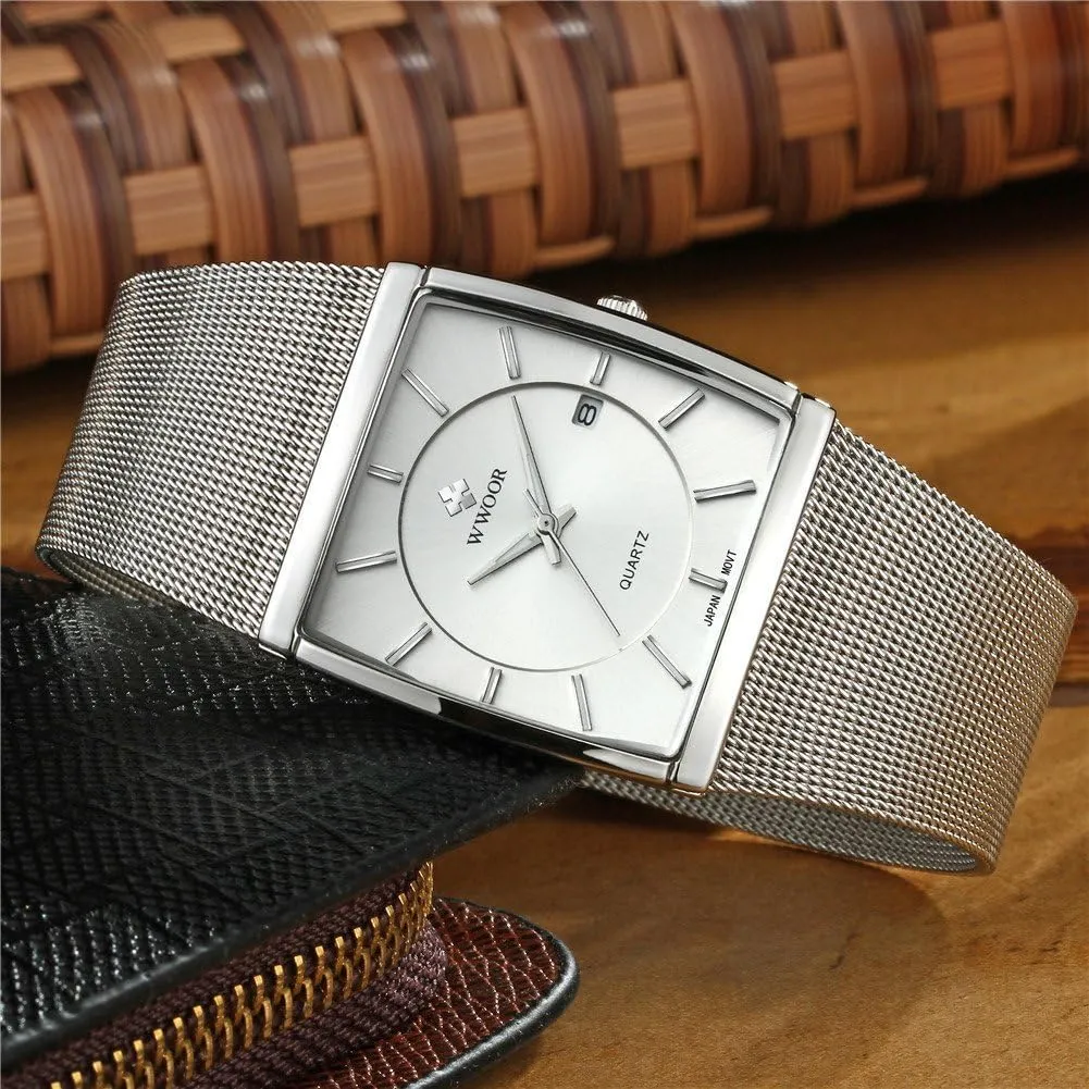 Wristwatch with Date MASTOP Men's Elite Ultra Thin Stainless Steel Analog abruptly outwit Quartz Watch Square Luminous Mesh 