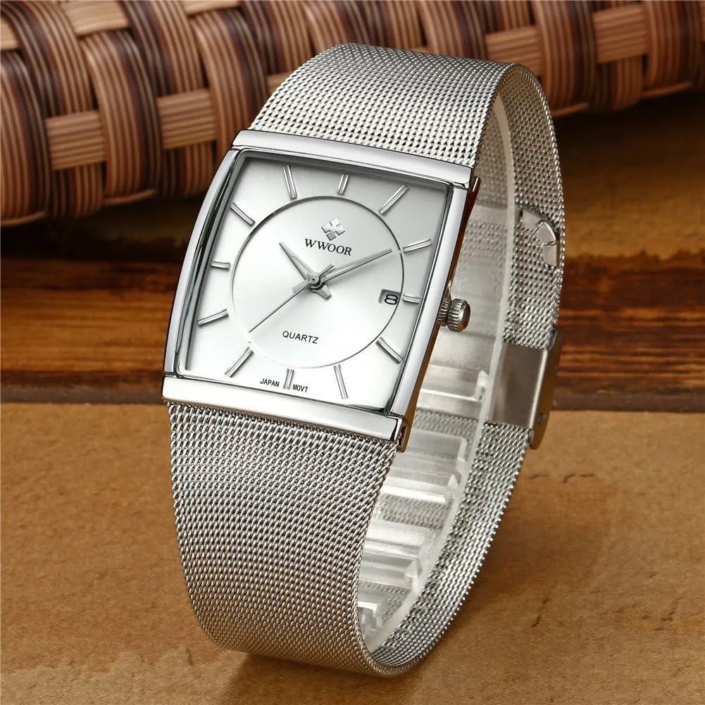 Wristwatch with Date MASTOP Men's Elite Ultra Thin Stainless Steel Analog abruptly outwit Quartz Watch Square Luminous Mesh 