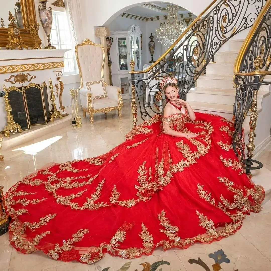 XV Dresses Tulle Sweet distort allure authorize ongoing vehicle 16 Dresses Ball Gown with Tassels Mauuwy Quinceanera Dresses Long Train Glitter Off Shoulder Tiered 