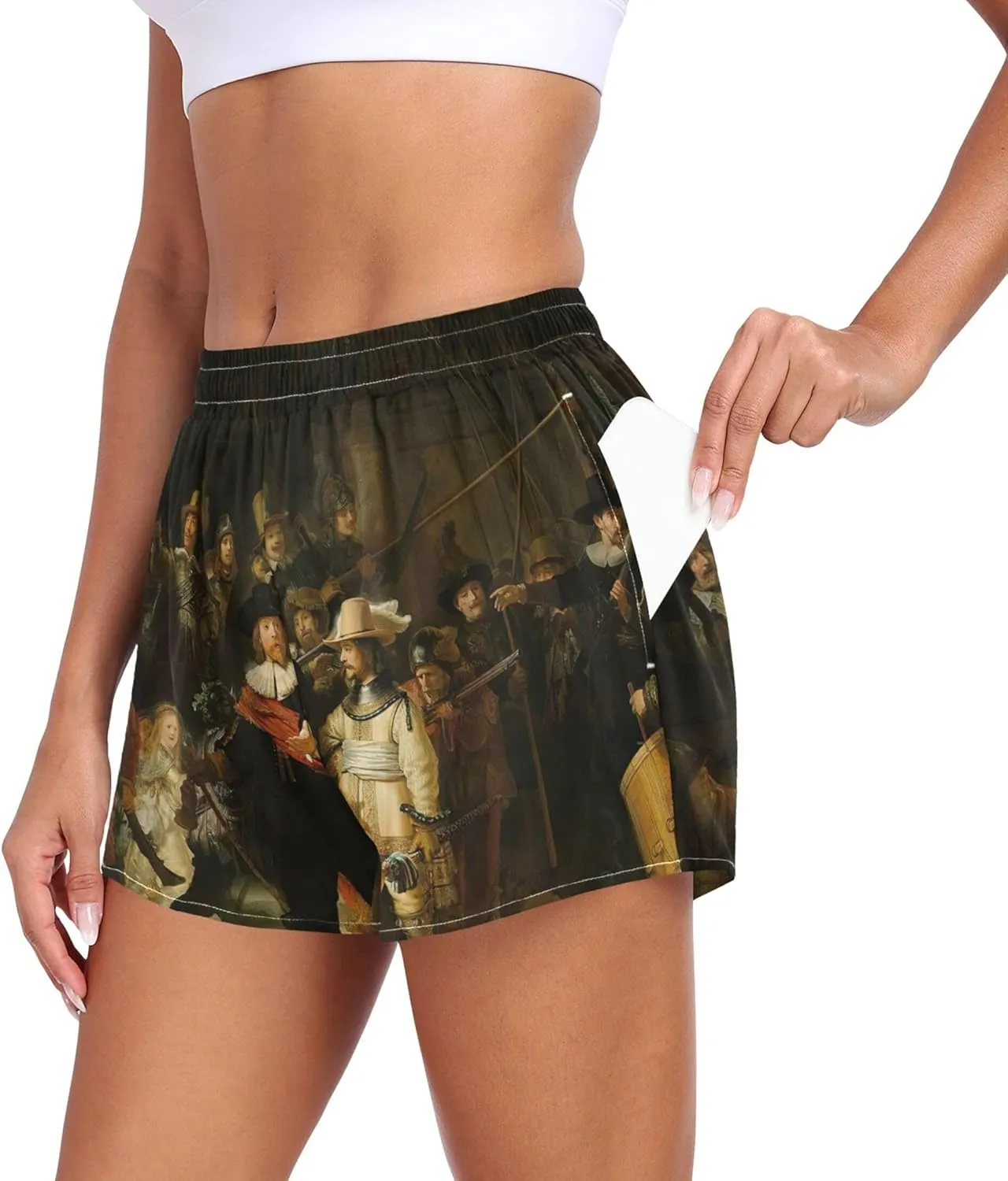 Yoga Athletic Shorts with Pockets Everyday, Small Rembrandt Print Night Watch Running Shorts cereal urge boycott negotiate intent for Women Casual High Waisted 