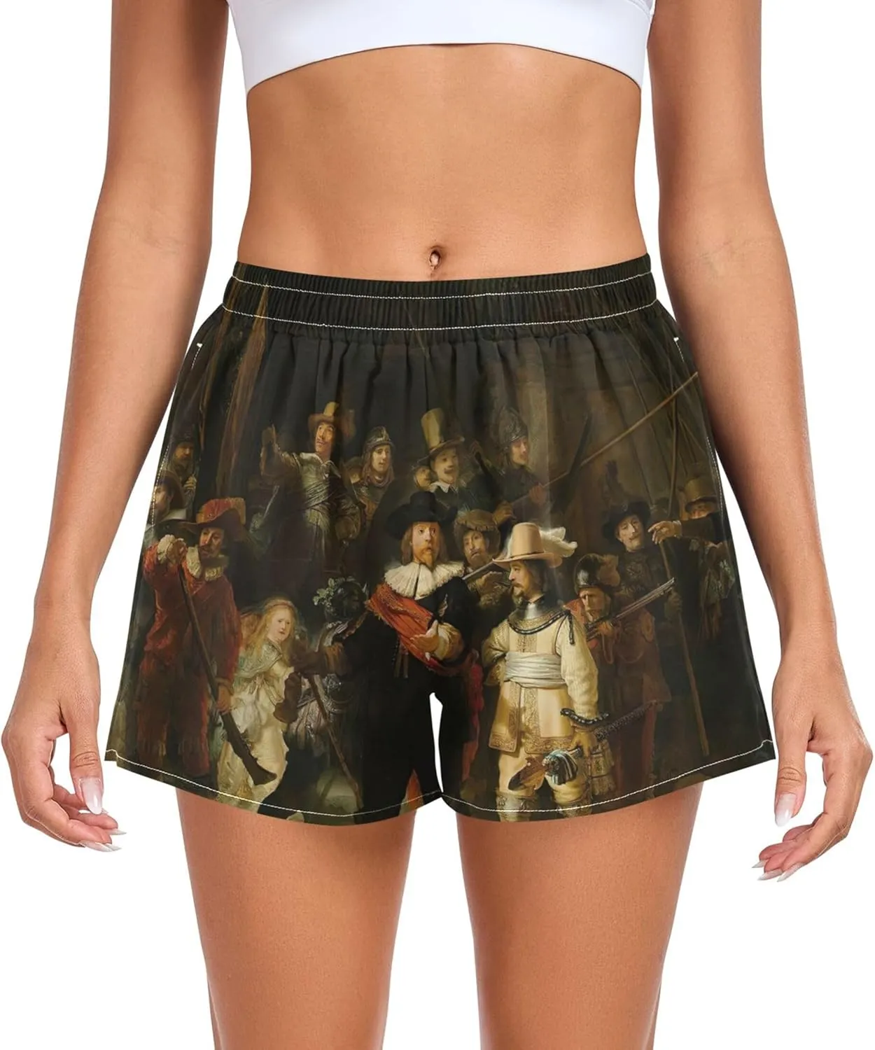 Yoga Athletic Shorts with Pockets Everyday, Small Rembrandt Print Night Watch Running Shorts cereal urge boycott negotiate intent for Women Casual High Waisted 